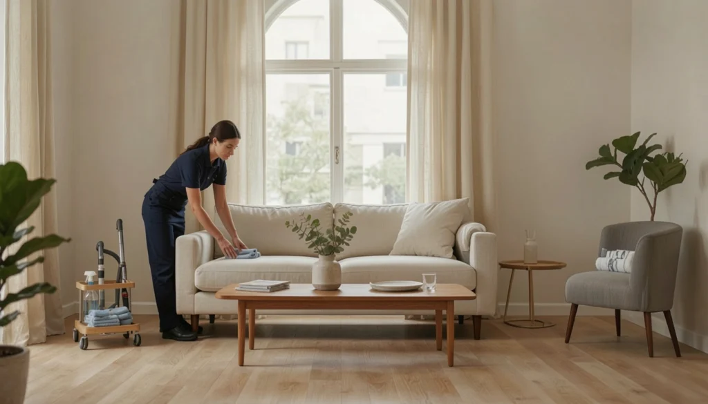 A professional uniformed cleaner wiping down a living room sofa, illustrating key tips before choosing a cleaning service in Syosset, NY 11791