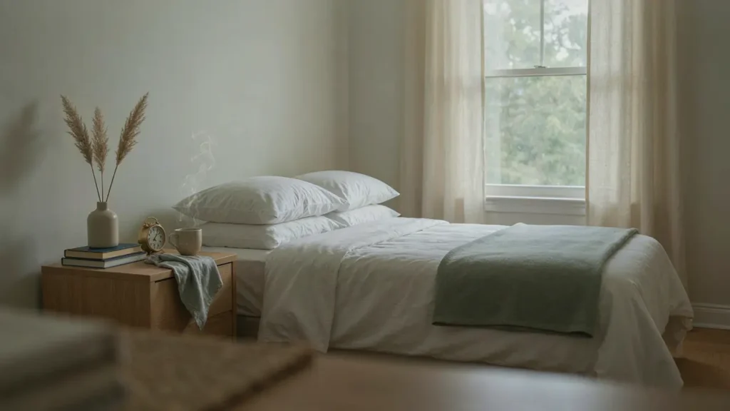 A sunlit, minimalist room with crisp white bedding and a green throw blanket illustrating tips to keep your bedroom fresh & clean, next to a wooden nightstand with a warm mug and dried pampas grass in Syosset, NY 11791