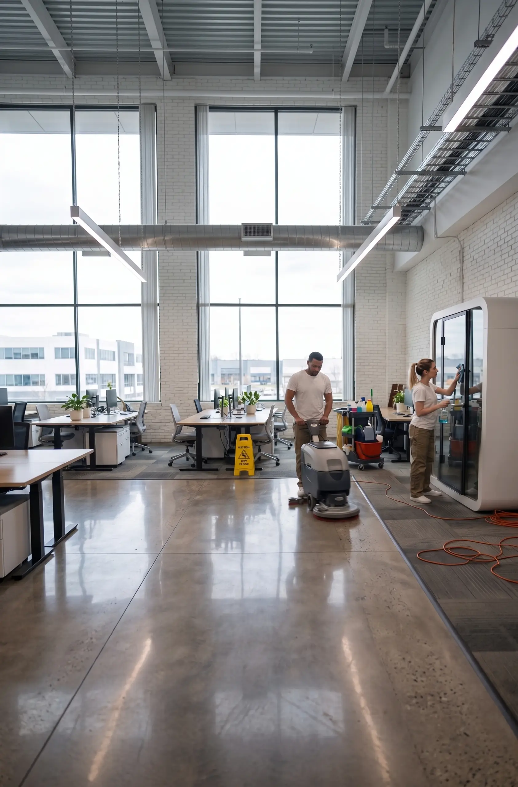 A photo of two professional staff members providing commercial office cleaning services in a modern open-plan office.