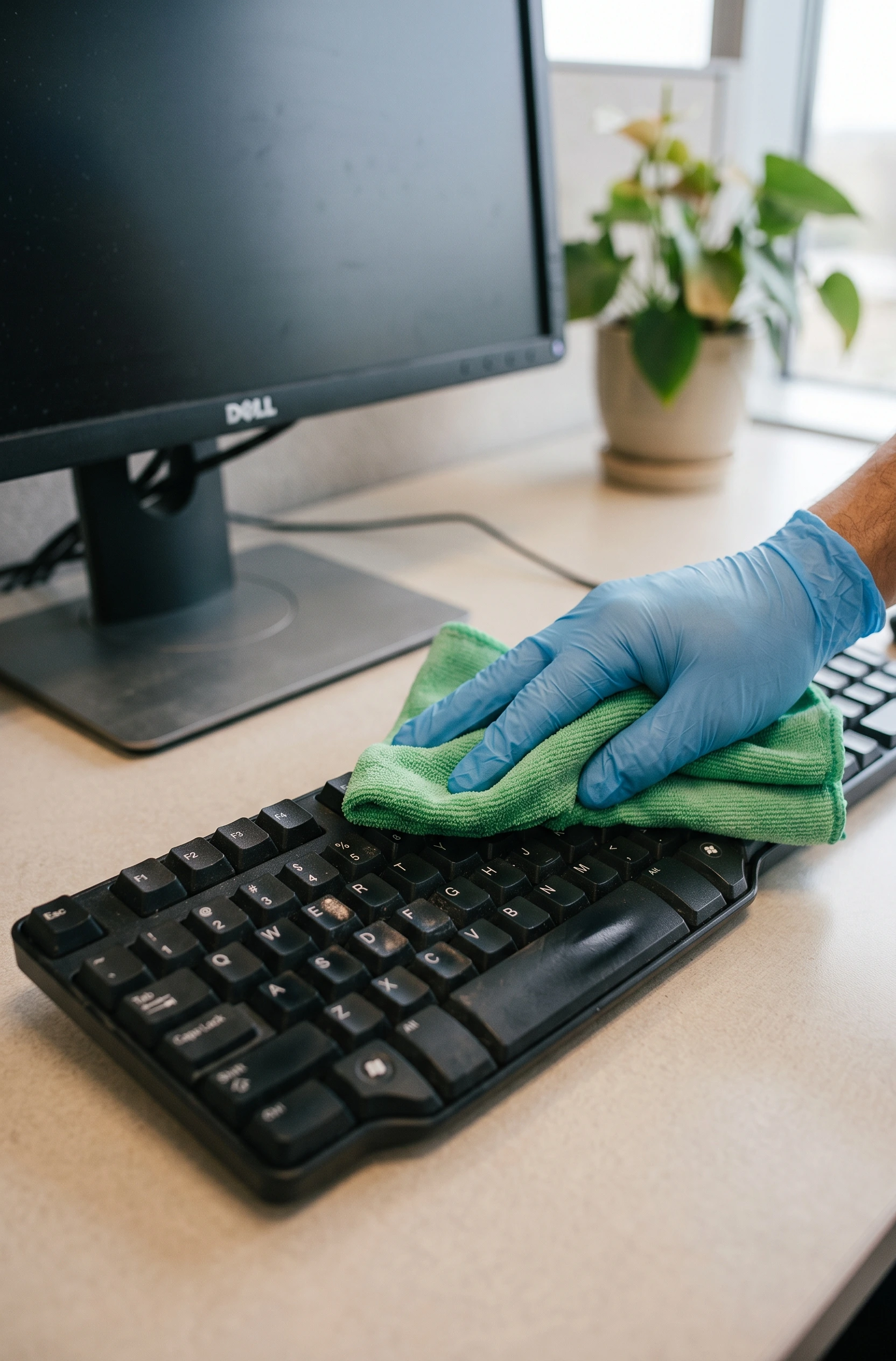 A detailed close-up shot of a hand wearing a blue disposable nitrile glove, using a green microfiber cloth to wipe a black Dell computer keyboard. The hand is actively cleaning the keys, demonstrating the thorough nature of detailed office cleaning services. In the background, on a desk, are a Dell monitor and a potted plant.